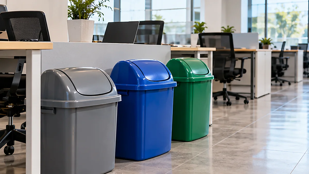 Papeleras plásticas con tapa vaivén distribuidas en oficinas y espacios empresariales